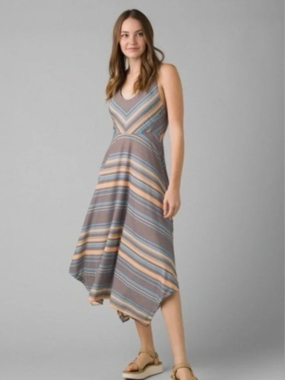 PrAna Saxton Racerback Midi Blue and Peach Striped Athleisure Dress Size Medium